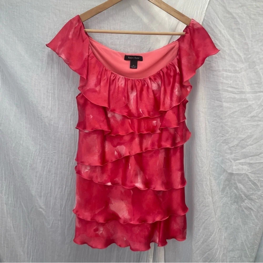 White House Black Market Pink/Coral Watercolor Ruffle Sleeveless Blouse, L - Picture 3 of 9